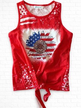 Red Tie-Front Tank Top with Patriotic Sunflower